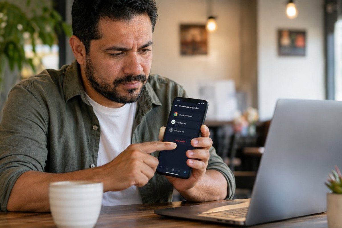 Usuario revisando dispositivos vinculados desconocidos en WhatsApp